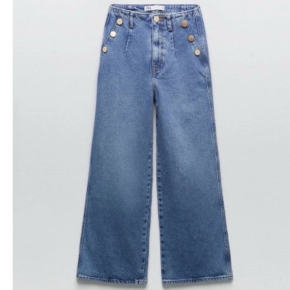 ZARA Ribcage Cropped Wide Leg Jeans Size 4 High Rise Gold Button